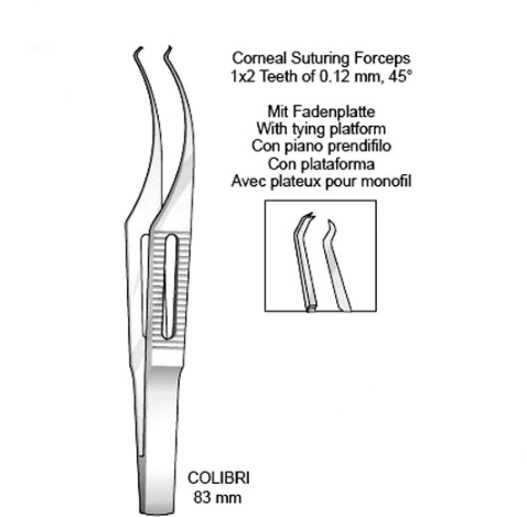 COLIBRI CORNEAL SUTURING FORCEPS 8.3CM, 1×2 TEETH OF 0.12MM, 45°